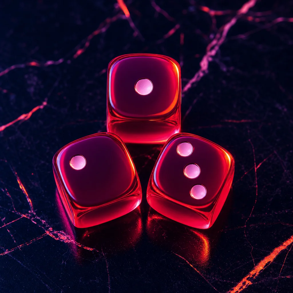 Neon dice tumbling across chrome blackjack table